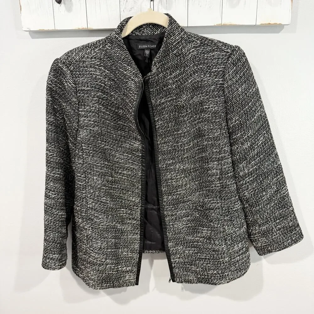 Eileen Fisher Tweed Collarless Jacket Linen Blend Leather Trim M EUC
